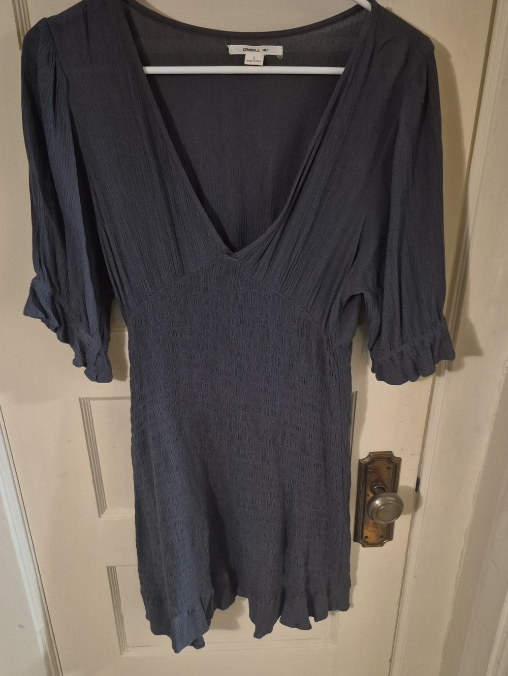 O'Neill Slate Blue V-Neck Smocked Mini Dress